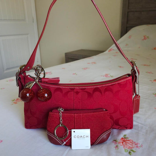 Y2K Vintage Rare Coach Red East West Baguette Shoulder Bag with coin purse